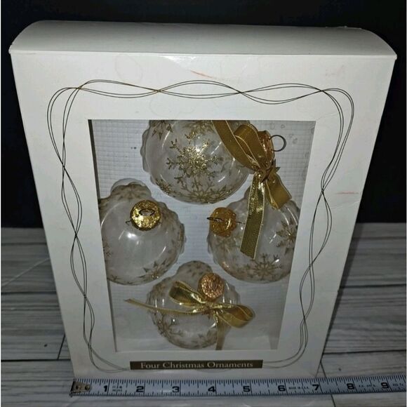 Christmas Holiday Vintage Glass Tree Ornaments Clear With Gold Snowflakes USA - Picture 7 of 8